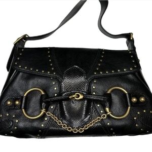Gucci Lizard/Leather Horsebit Shoulder Bag Black One Size Used